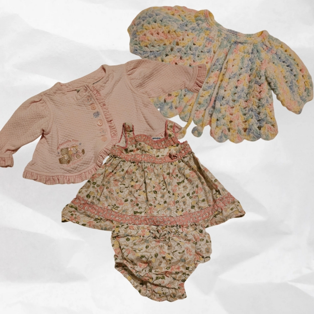 3-Month Baby Bundle: Knit Cardigan, Pink Jacket & Floral Dress w/ Bloomers